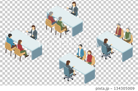 等距插畫：一位身穿西裝的男士正在辦公桌前講解某件事。 134305009