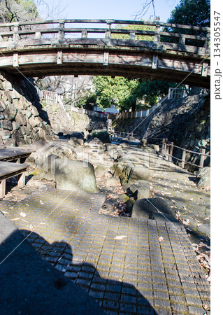 明るい日差しの下の石畳が敷かれた細い水路　東京の王子の音無親水公園 134305547