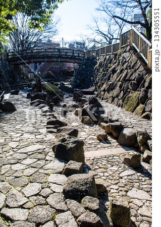 明るい日差しの下の石畳が敷かれた細い水路　東京の王子の音無親水公園 134305551