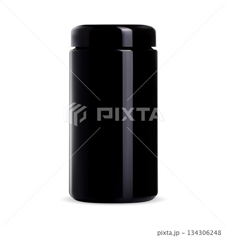Black supplement container. Isolated plastic jar 134306248