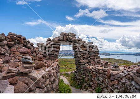 Stone pathway and arch at Pachatata archaeological site, Amantani Island, La ke Titicaca, Peru Stone pathway and arch at Pachatata archaeological site, Amantani Island, La ke Titicaca, Peru 134306284