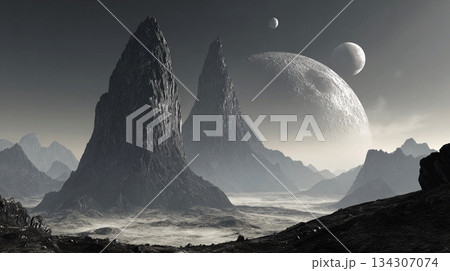Bizarre rock formations on planet surface with two moons in the dark sky Generative AI 134307074