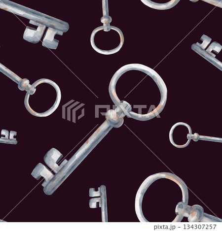Seamless pattern with old rusty keys on a dark background. Watercolor illustration with vintage objects. Vintage template with realistic keys for wallpaper design, packaging, textiles and tableware. 134307257