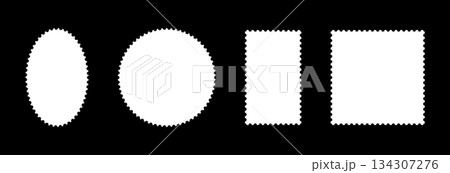 Postage stamp template flat frames. Empty border, backdrop for postcard, letter. Set of blank circle, rectangular vintage stamps. Tags, labels, coupons, boxes with curvy, wiggly, wavy perforated edges 134307276