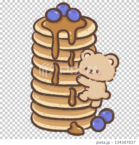 Cute kawaii teddy bear climbing on a stack of pancakes with blueberries pastel dessert illustration sweet playful character for bakery clipart and stickers 134307837