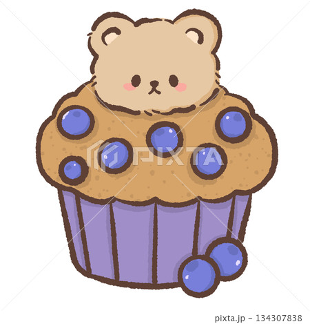 Cute kawai bear sitting on blueberry muffin sweet dessert illustration pastel bakery teddy bear clipart for stickers cards prints planners and digital 134307838
