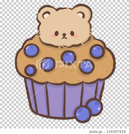 Cute kawai bear sitting on blueberry muffin sweet dessert illustration pastel bakery teddy bear clipart for stickers cards prints planners and digital 134307838