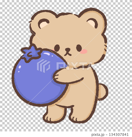 Cute kawaii teddy bear hugging giant blueberry soft pastel dessert illustration sweet bakery character perfect for stickers clipart prints nursery decor 134307841