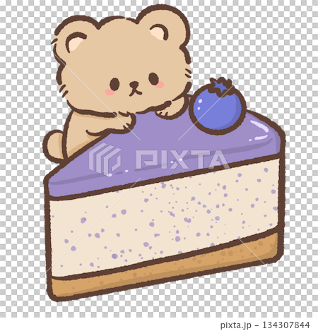Kawaii teddy bear leaning on blueberry cheesecake cute dessert illustration soft pastel bakery style sweet bear character for stickers clipart 134307844