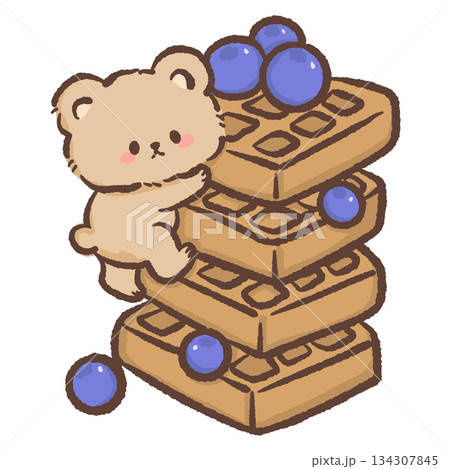 Kawaii teddy bear climbing waffle stack with blueberries cute dessert illustration playful breakfast food art bear character for stickers clipart sweet Kawaii teddy bear climbing waffle stack with blueberries cute dessert illustration playful breakfast food art bear character for stickers clipart sweet 134307845
