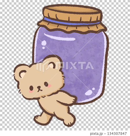 Kawaii teddy bear carrying blueberry jam jar cute food illustration pastel dessert style adorable bear character for stickers prints clipart 134307847