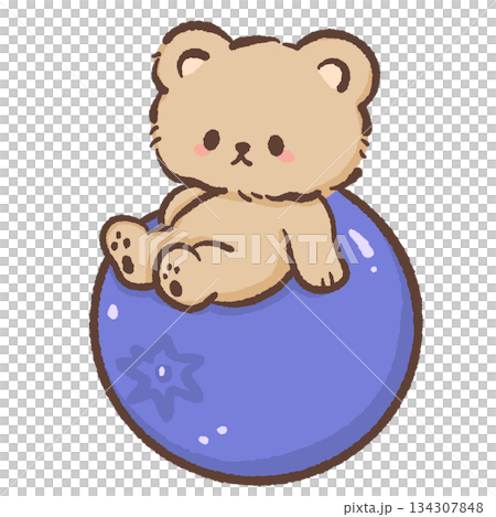 Adorable kawaii teddy bear relaxing on giant blueberry pastel dessert illustration cozy cute character for clipart stickers kids designs 134307848