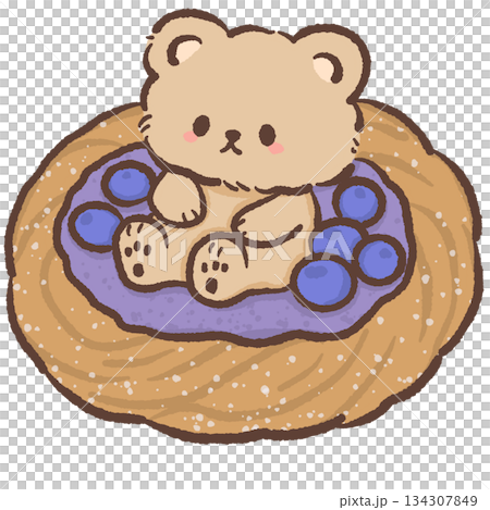Kawaii teddy bear sitting in blueberry tart cute dessert illustration pastel bakery style sweet food art adorable bear character for stickers clipart 134307849