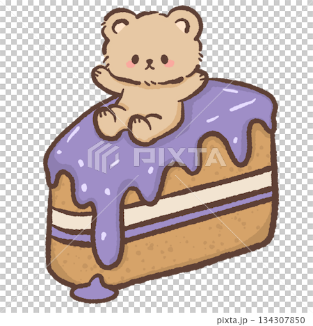 Kawaii teddy bear sitting on purple icing cake cute pastel dessert illustration sweet bakery style adorable bear character for stickers prints clipart 134307850