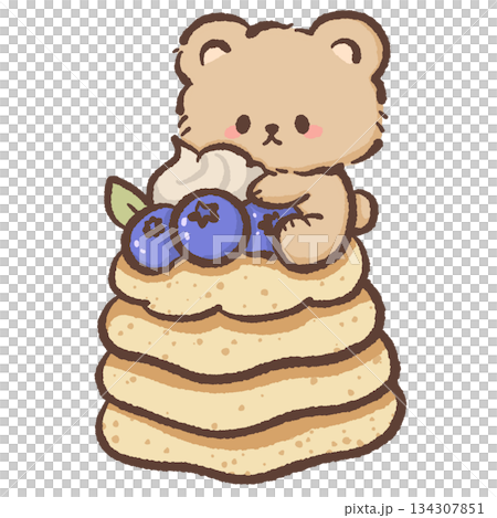 Kawaii teddy bear with blueberry pancake stack cute breakfast dessert illustration soft pastel food art adorable bear character for stickers clipart  134307851