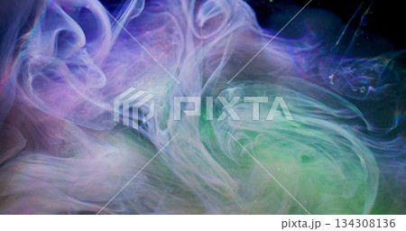 Paint shimmer wave. Splash art. Defocused purple yellow colorful ink cloud texture glitter liquid floating on abstract acrylic pink background. Paint shimmer wave. Splash art. Defocused purple yellow colorful ink cloud texture glitter liquid floating on abstract acrylic pink background. 134308136