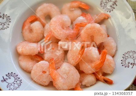 A plate of shrimp. Top view. A plate of shrimp. Top view. 134308357