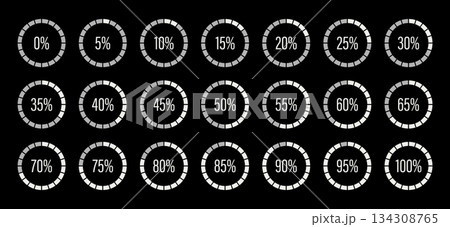 Template of white color of the year and gray color fill pie charts indicator. Round graph loading progress set. Blue progress bars. Circle diagrams icons from 100 to 0 percent. Round percentage 134308765