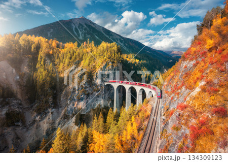 Aerial view of modern red train on Landwasser viaduct in autumn Aerial view of modern red train on Landwasser viaduct in autumn 134309123