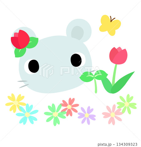 可愛いネズミのマーク 春のチューリップ 可愛いネズミのマーク 春のチューリップ 134309323