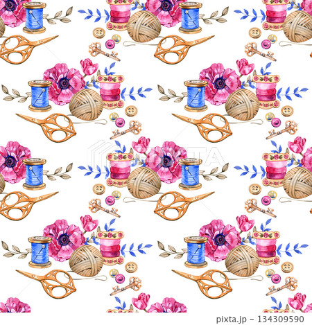 Seamless watercolor pattern featuring needlework elements with pink anemone flowers, spools of thread, yarn balls, scissors, buttons, and vintage keys. Hand painted craft illustration for creative 134309590