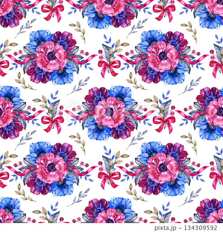 Hand painted watercolor seamless pattern with expressive anemone flowers in pink, blue and purple tones, decorated with ribbons, berries and delicate foliage. Elegant floral design for textiles 134309592