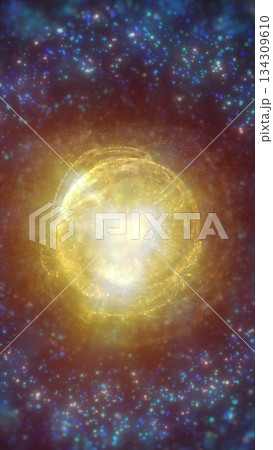 Golden glowing energy core surrounded by star-like particles in deep space, symbolizing creation, origin, and cosmic power Golden glowing energy core surrounded by star-like particles in deep space, symbolizing creation, origin, and cosmic power 134309610