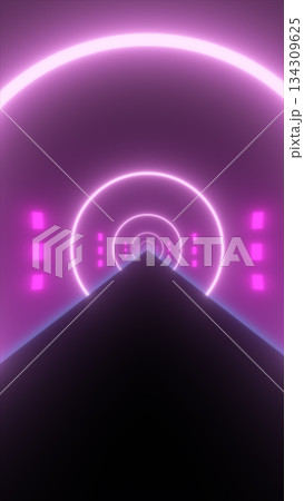Futuristic glowing tunnel with neon pink rings and geometric light symmetry in perspective view Futuristic glowing tunnel with neon pink rings and geometric light symmetry in perspective view 134309625