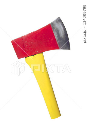 A realistic image of an axe with a yellow handle and a red head with a silver blade 134309799