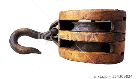 A realistic image of a weathered wooden pulley block with three sheaves 134309824