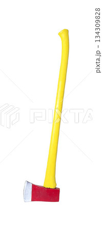 A realistic image of an axe with a yellow handle and a red head with a silver blade 134309828