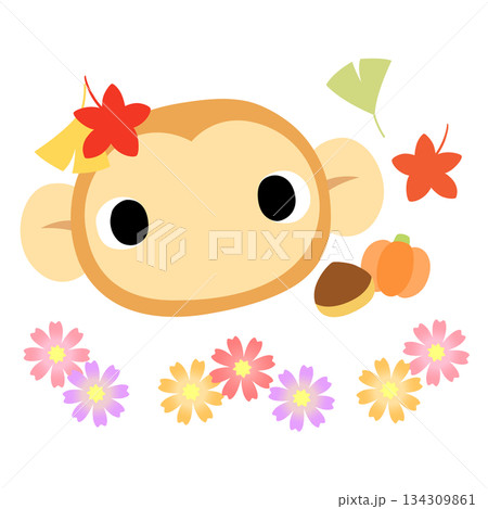 可愛いサルのマーク　秋の紅葉 134309861