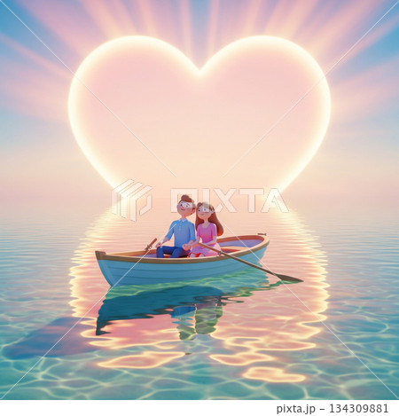 ボートに乗るカップルとハートの太陽、ロマンチックな恋愛と結婚の3Dイラスト ボートに乗るカップルとハートの太陽、ロマンチックな恋愛と結婚の3Dイラスト 134309881
