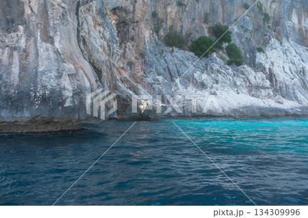 High rocky cliffs rise directly from the deep blue water, creating a dramatic Mediterranean seascape. Clear daylight reveals natural patterns and sharp textures of the stone, perfect for travel and 134309996