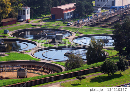 Sewage water treatment plant, storage tanks, water shortage and global warming concept, aerial view 134310357