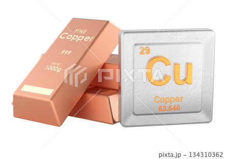 Copper ingots with Cu element symbol. 3D rendering 134310362