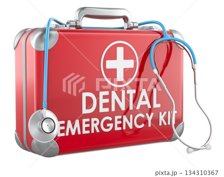 Dental emergency kit with stethoscope. 3D rendering 134310367