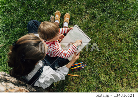 Mother and Toddler Drawing Together in a Summer Park. Parenting and Childhood Development Concept 134310521
