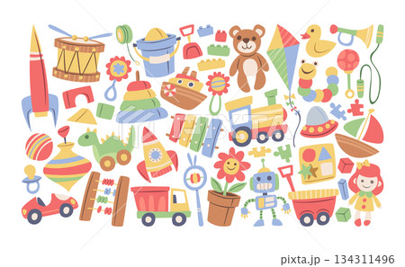 Large and vibrant arrangement of hand-drawn children toys diverse objects for childhood fun Large and vibrant arrangement of hand-drawn children toys diverse objects for childhood fun 134311496