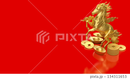 Golden Rearing Horse with Chinese Wealth Symbols on Red 3d render. Golden Rearing Horse with Chinese Wealth Symbols on Red 3d render. 134311653