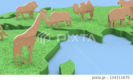 Wooden Wildlife Figures on Green Map Concept Background 3d render. Wooden Wildlife Figures on Green Map Concept Background 3d render. 134311670