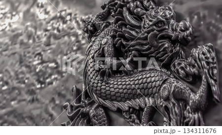Majestic Black Dragon Relief Sculpture 3d render. 134311676