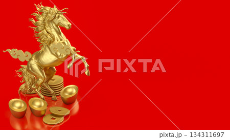 Golden Rearing Horse with Chinese Wealth Symbols on Red 3d render. Golden Rearing Horse with Chinese Wealth Symbols on Red 3d render. 134311697