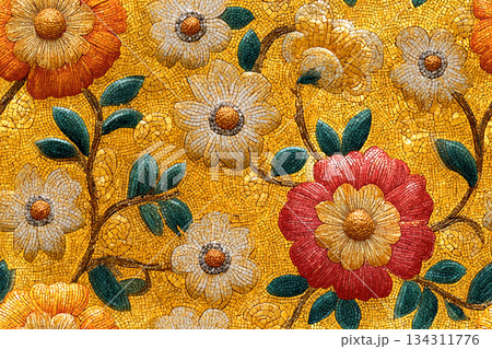Structural strength. Mosaic of glass pearl yellow tiles. Floral pattern. Top view. 134311776