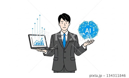 AIを活用して業務効率化する男性ビジネスパーソンのイラスト2 AIを活用して業務効率化する男性ビジネスパーソンのイラスト2 134311846