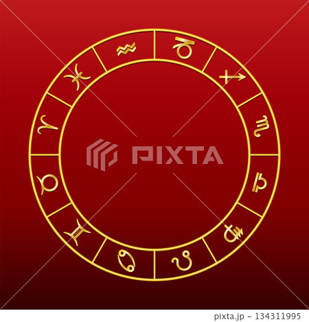 Golden zodiac wheel, over red, showing 12 signs used in horoscopic astrology. Visual representation of the heavens, a disc divided into 12 equal sized fields, with symbols of the zodiac signs. Vector Golden zodiac wheel, over red, showing 12 signs used in horoscopic astrology. Visual representation of the heavens, a disc divided into 12 equal sized fields, with symbols of the zodiac signs. Vector 134311995