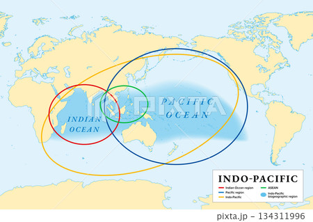 Indo-Pacific, map of a geographic and geopolitical region highlighted in yellow, comprising the tropical waters of the northern Indian Ocean in red, and western and central Pacific Ocean in dark blue. 134311996