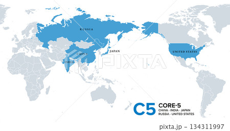 C5, Core-5 bloc, political map of an international forum, including the countries China, India, Japan, Russia, and United States, as a contrast to such groups as the G7. Isolated illustration. Vector 134311997