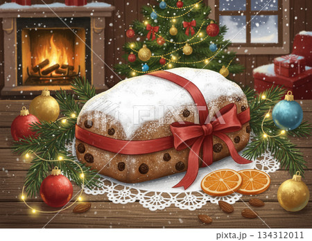 クリスマスの暖炉とシュトレン 134312011