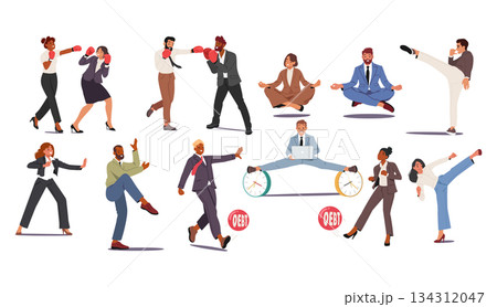 Diverse professionals businesspeople characters engaging in martial arts and mindfulness poses Diverse professionals businesspeople characters engaging in martial arts and mindfulness poses 134312047